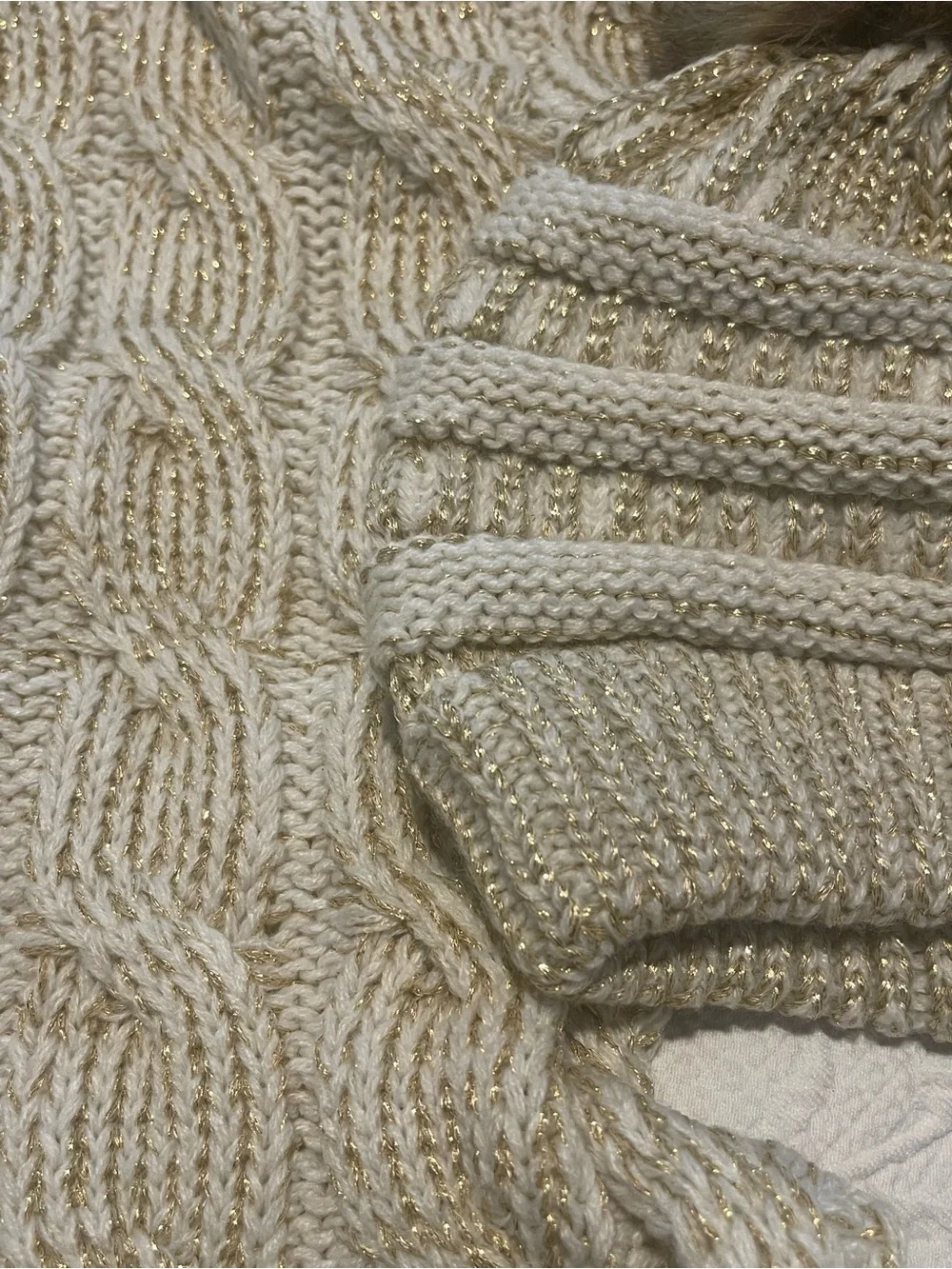 Sparkle Knit Beanie and Scarf Set - Cream with Gold Thread C.C Faux Fur Pom Pom